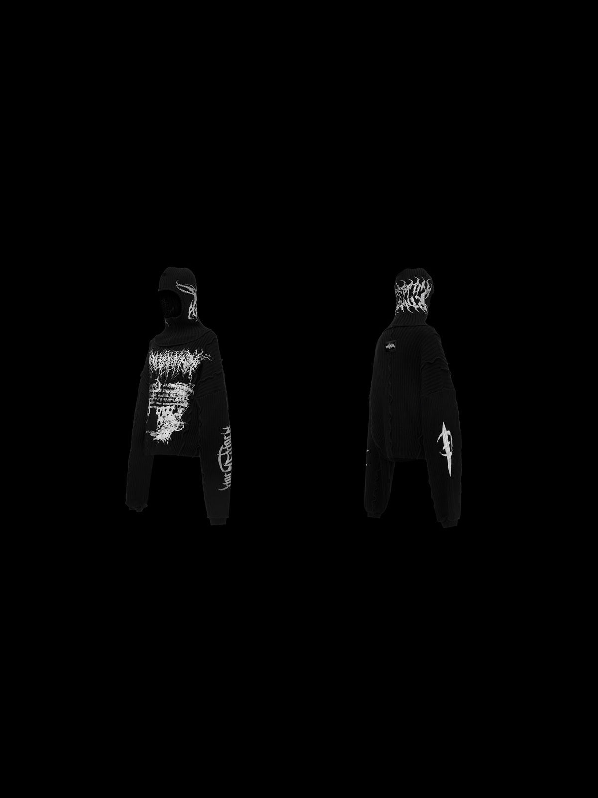 PINKSPINK THORN SIGNAL hooded graphic knit sweater — front and back garment-only views