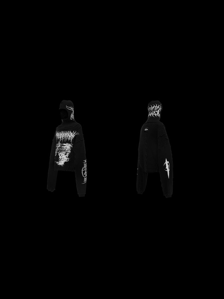 PINKSPINK THORN SIGNAL hooded graphic knit sweater — front and back garment-only views