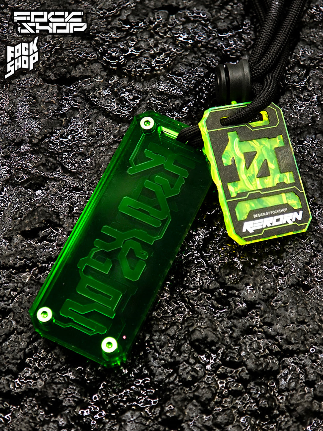 FOCKSHOP REBORN talisman charm — GREEN CLEAR front view showing the smooth transparent green backing