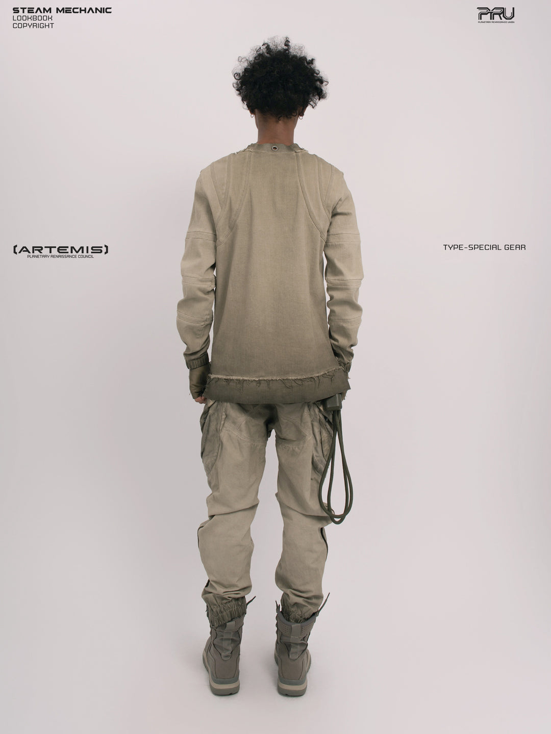 CHAOS ERA xirang brown raw-edge long-sleeve top — straight back full-length modeled view