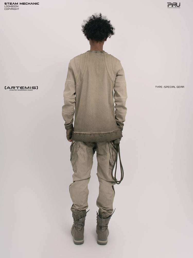 CHAOS ERA xirang brown raw-edge long-sleeve top — straight back full-length modeled view