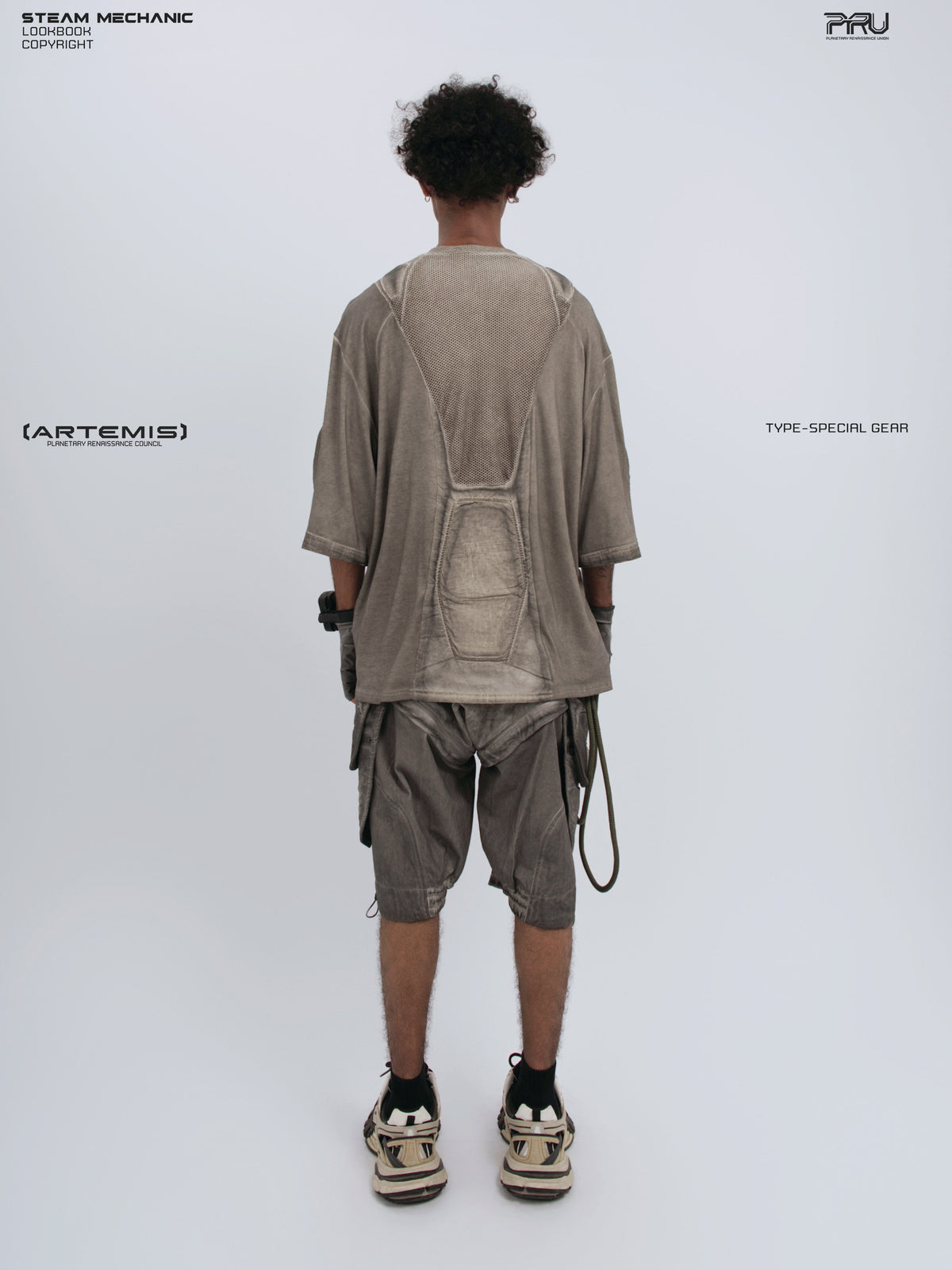 STARCORE xirang brown distressed mesh tee — full-length rear modeled view showing the mesh yoke and raised back panel