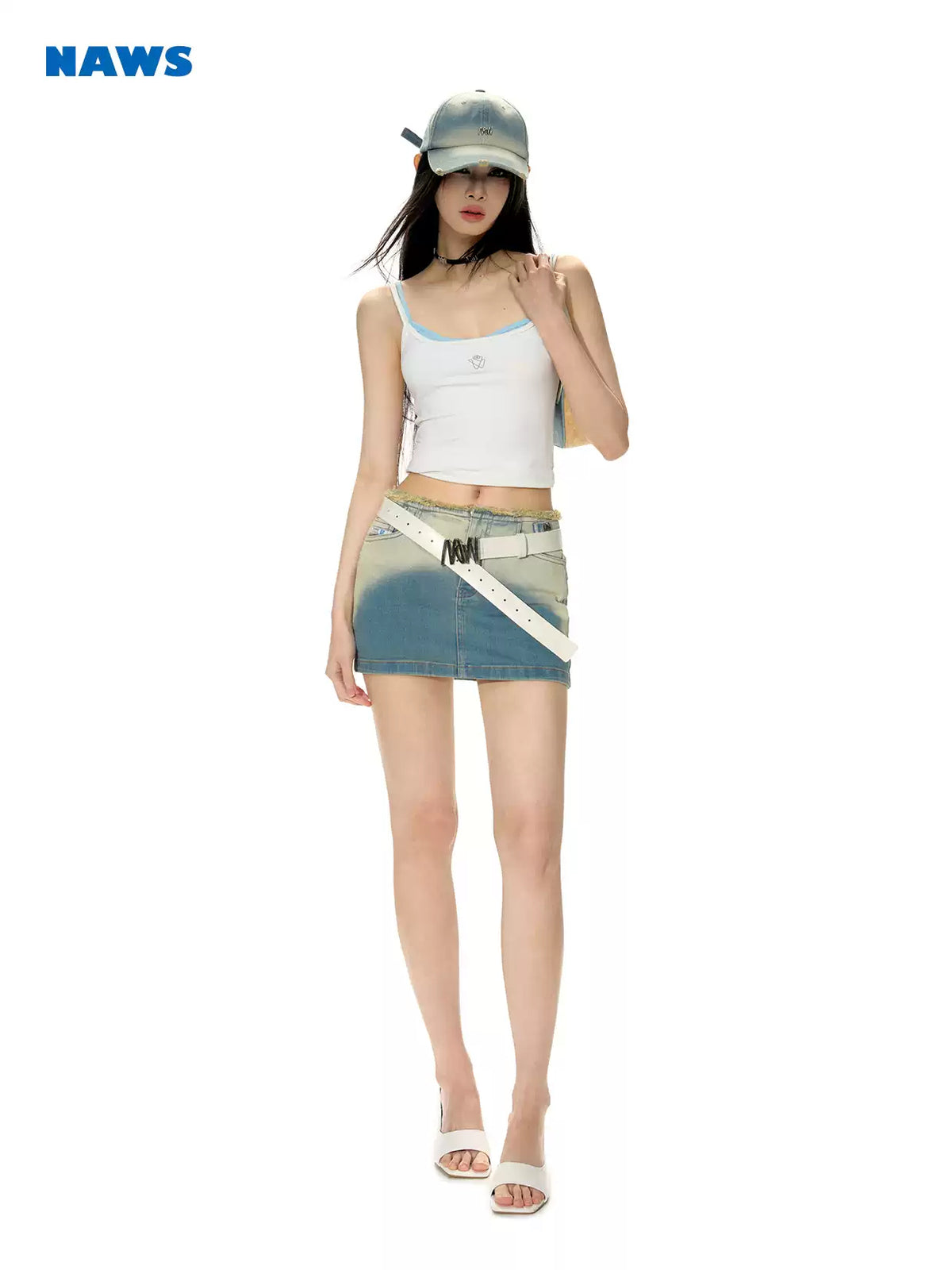 NAWS ECLIPSE gradient denim mini skirt — modeled front styling view