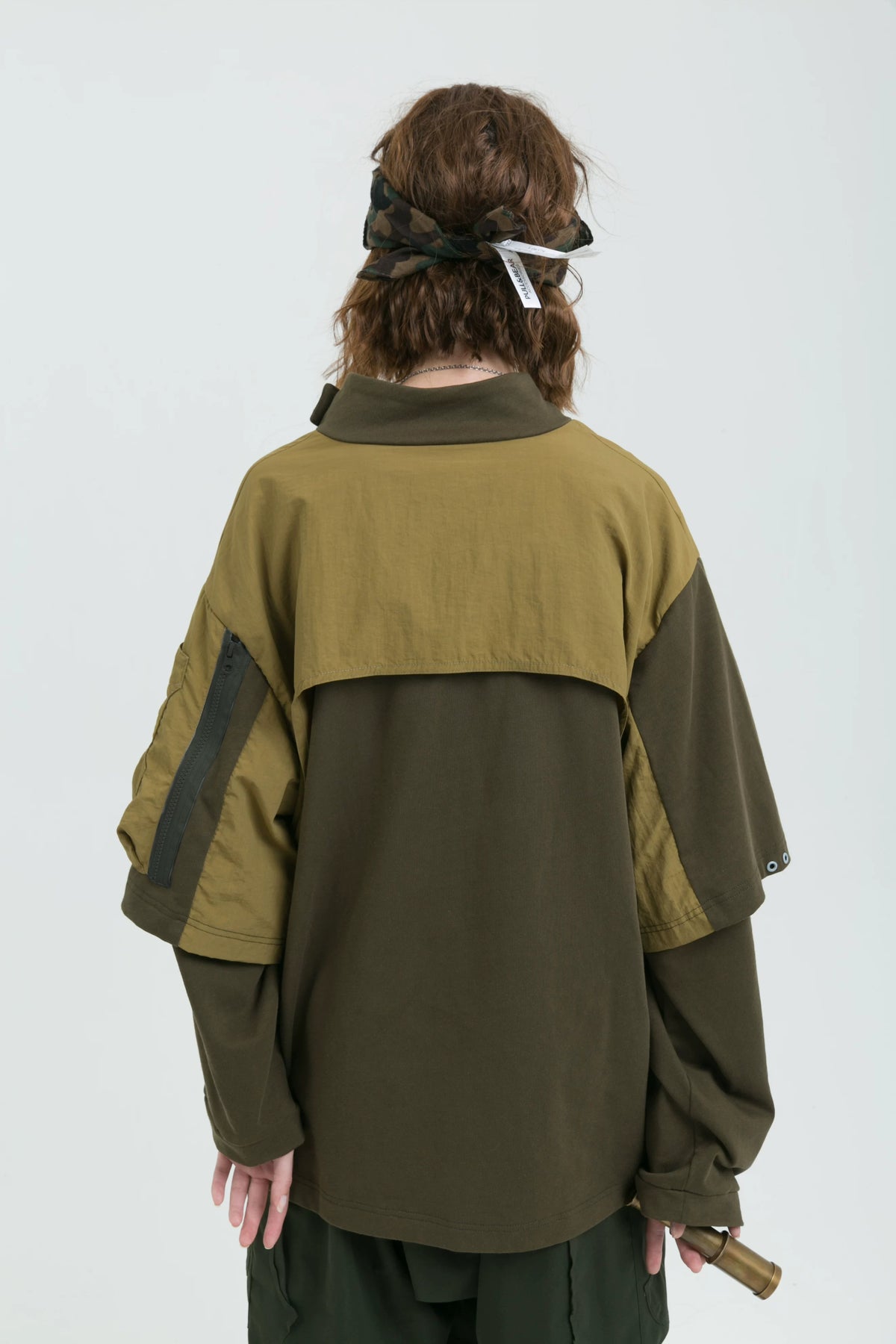 ERRORCODE ROBOT detachable-sleeve multi-pocket sweatshirt, rear modeled view showing the layered back yoke