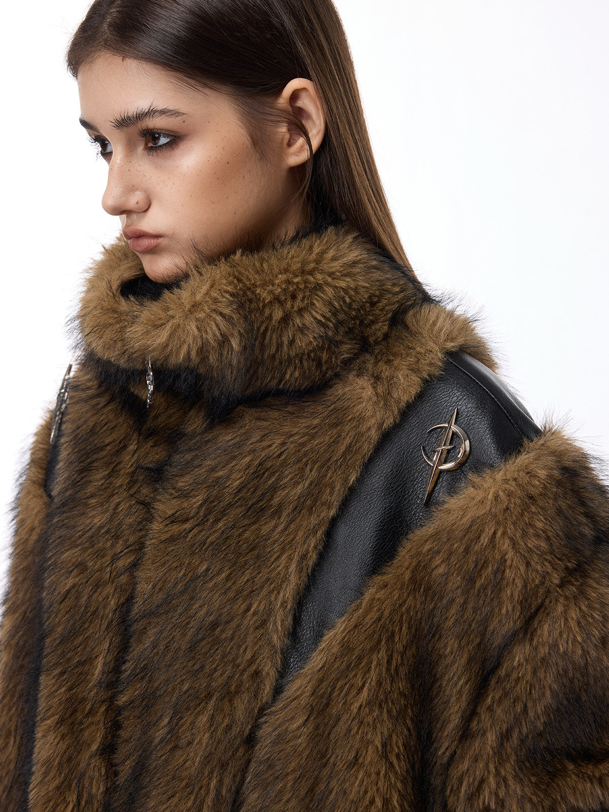 PINKSPINK ELECTRIC MOON paneled faux-fur jacket — three-quarter collar and shoulder detail