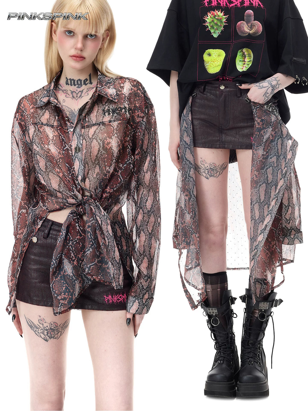 PINKSPINK VENOM rhinestone mesh shirt and mini skirt set in black and red — collage showing the sheer animal-print shirt and mini skirt styled together