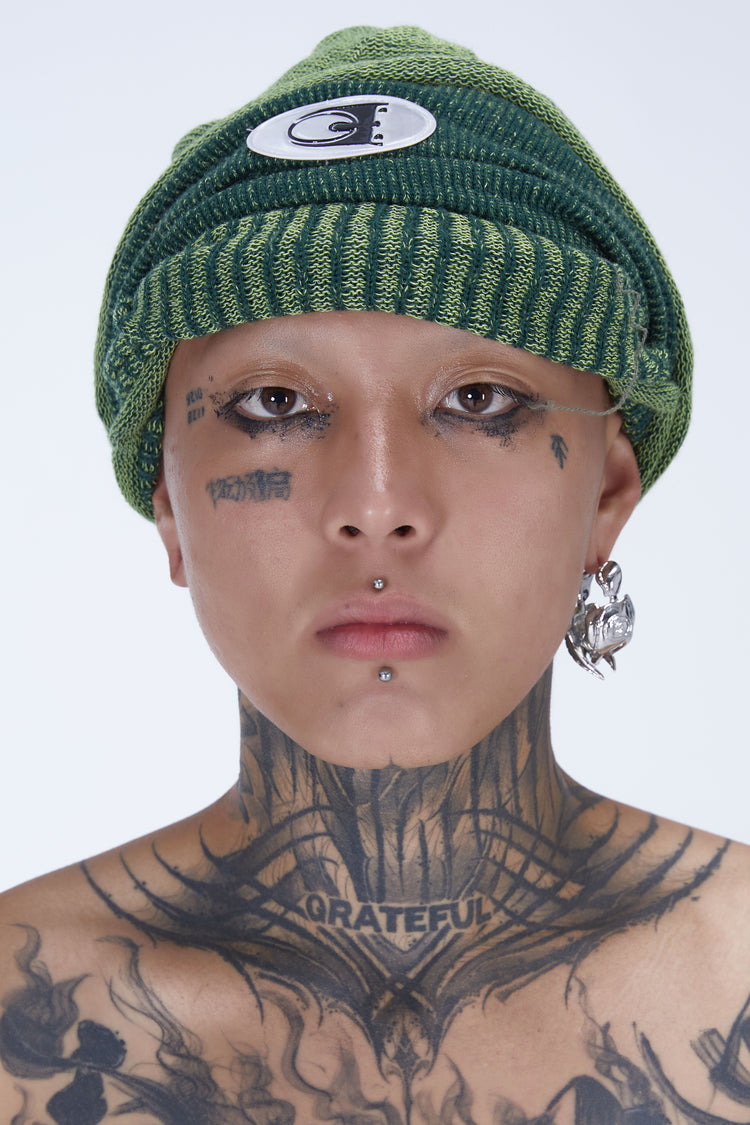 EMBRYO DOUBLE FORM convertible knit hat — rear modeled view