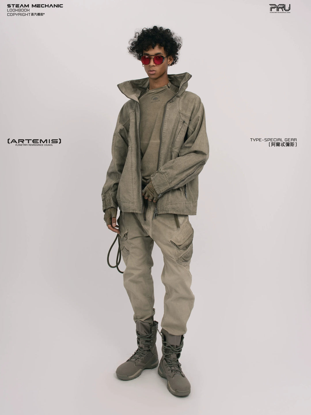 ARTEMIS xirang brown tuck-paneled technical jacket — alternate modeled angle