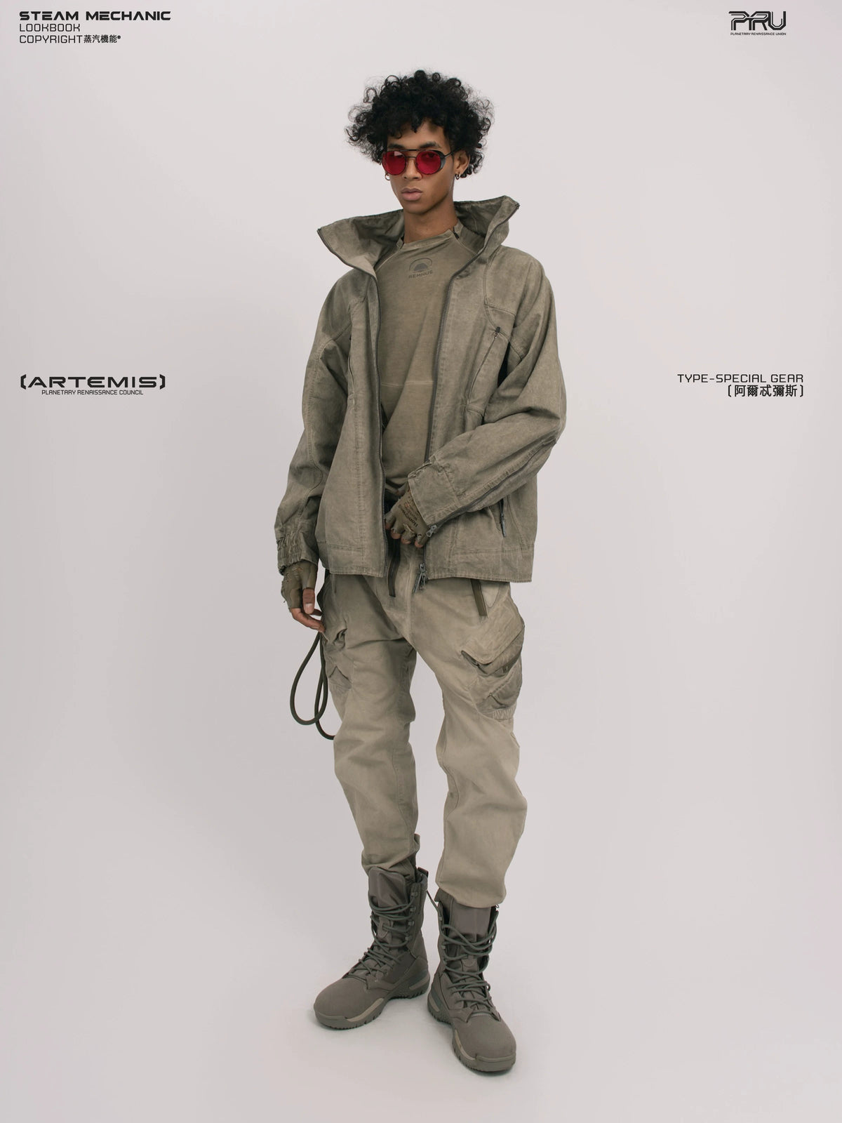 ARTEMIS xirang brown tuck-paneled technical jacket — alternate modeled angle