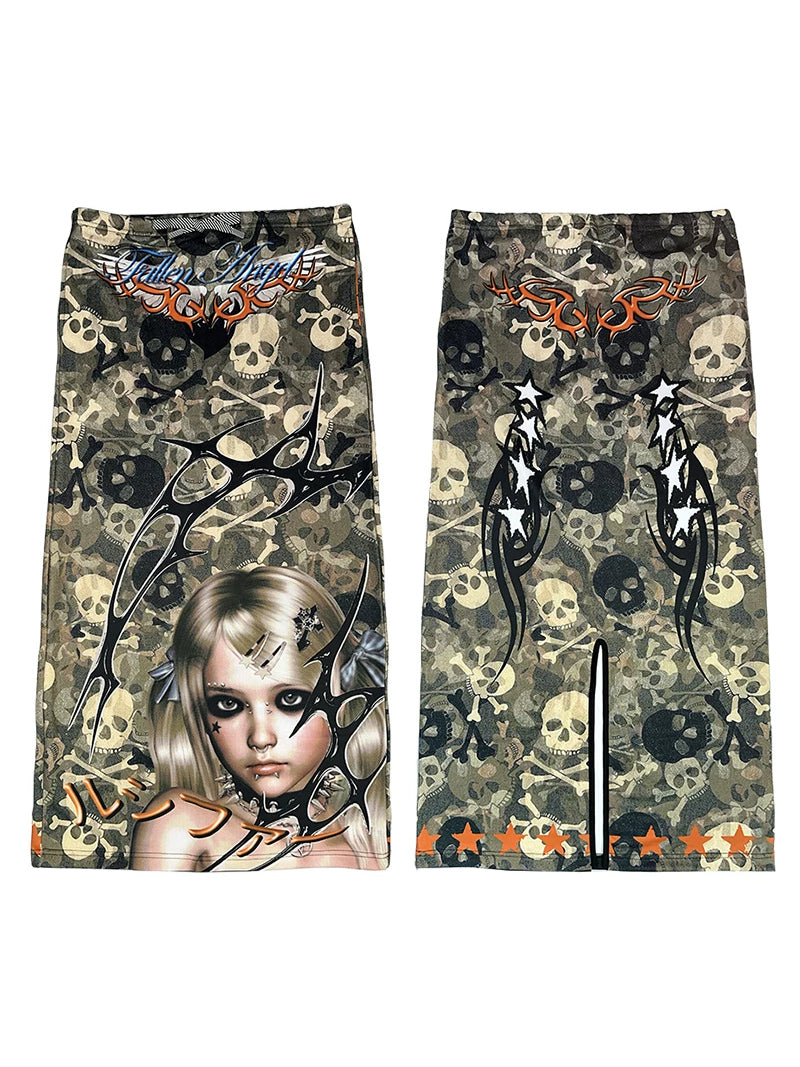 DEADENDKIDS CAMO RIOT graphic maxi skirt — full-length modeled view