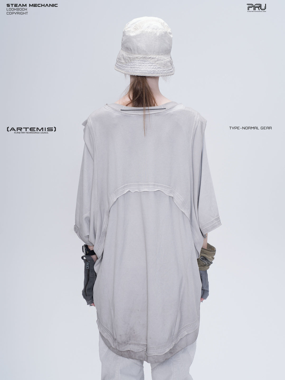PIONEER eris white distressed nylon bucket hat — rear modeled view showing the back of the hat