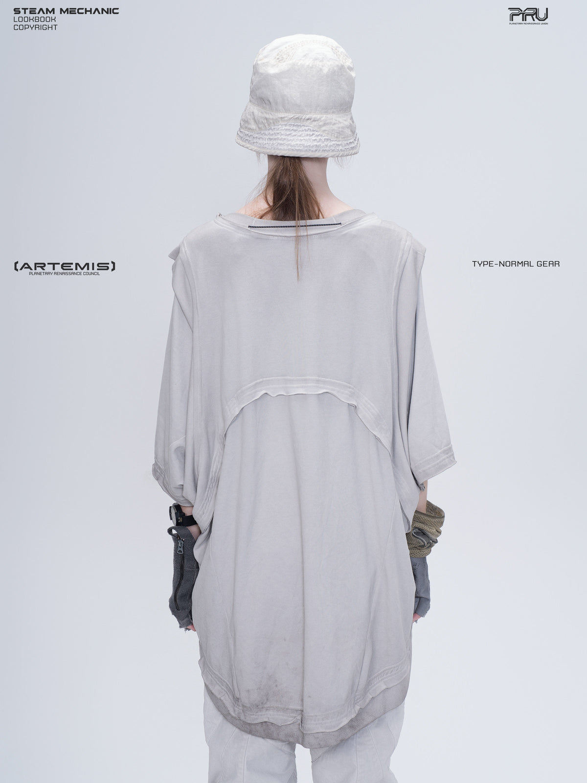 PIONEER eris white distressed nylon bucket hat — rear modeled view showing the back of the hat