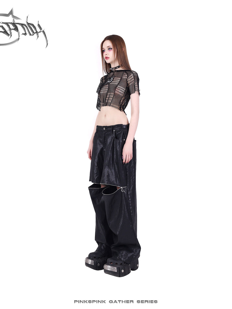 PINKSPINK GEOMETRY open-mesh crop tee in black — side full-length modeled view with coated pants
