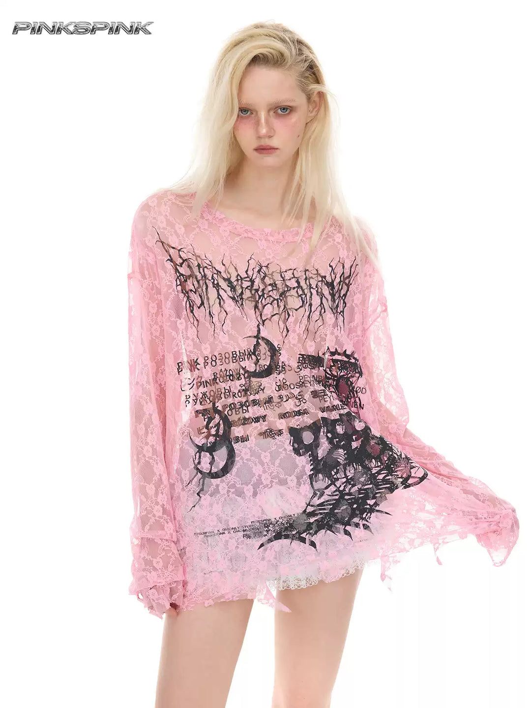 PINKSPINK ELECTRIC MOON thorn-cat distressed lace layering tee — modeled front styling view