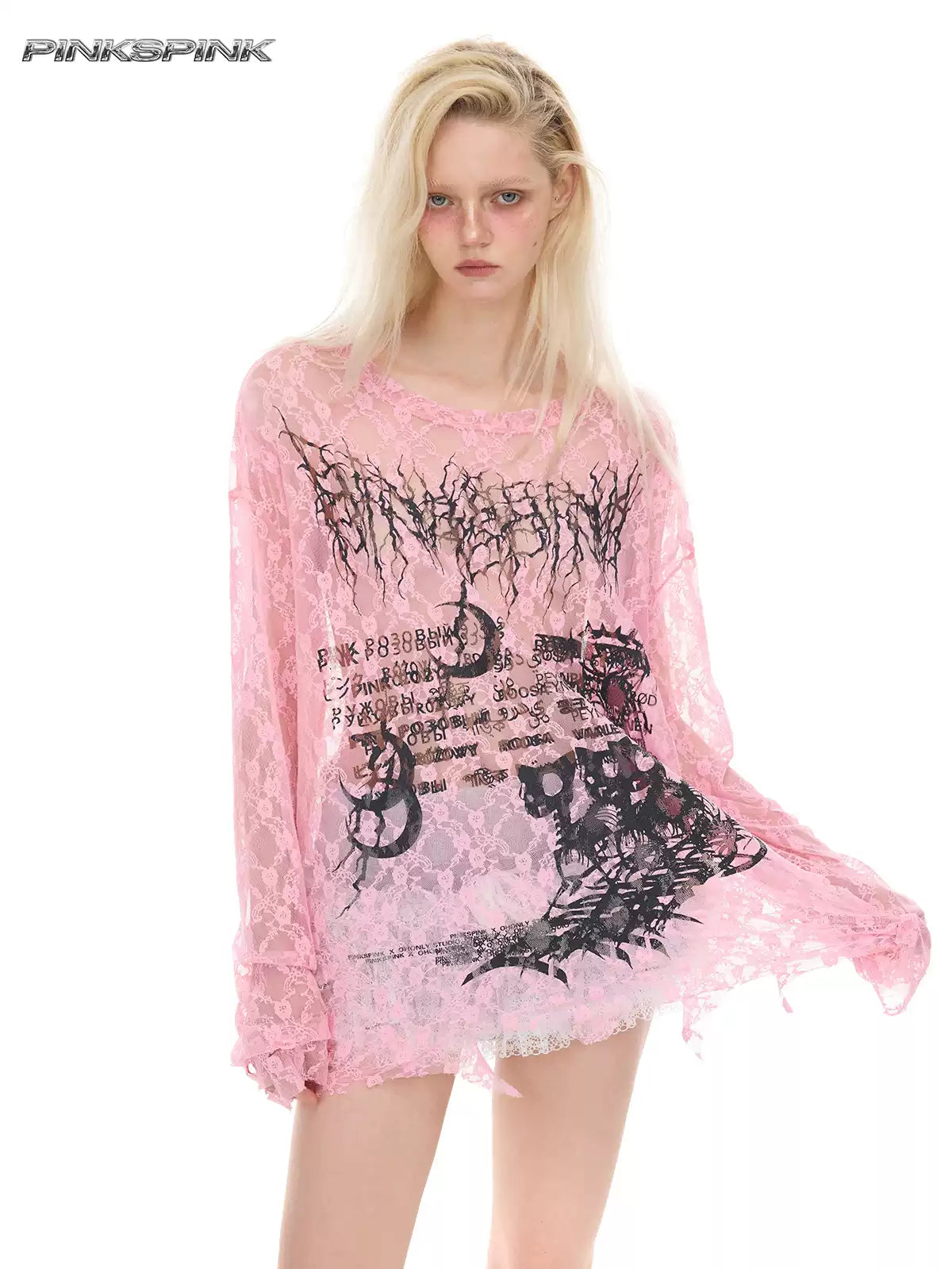 PINKSPINK ELECTRIC MOON thorn-cat distressed lace layering tee — modeled front styling view