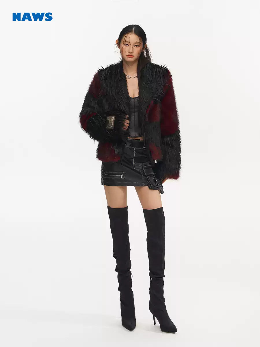 NAWS NIGHT GARDEN faux-fur jacket — close modeled view highlighting the construction