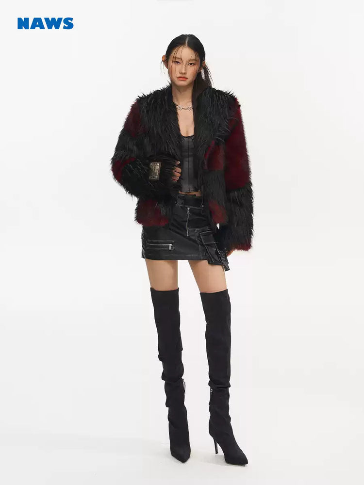 NAWS NIGHT GARDEN faux-fur jacket — close modeled view highlighting the construction