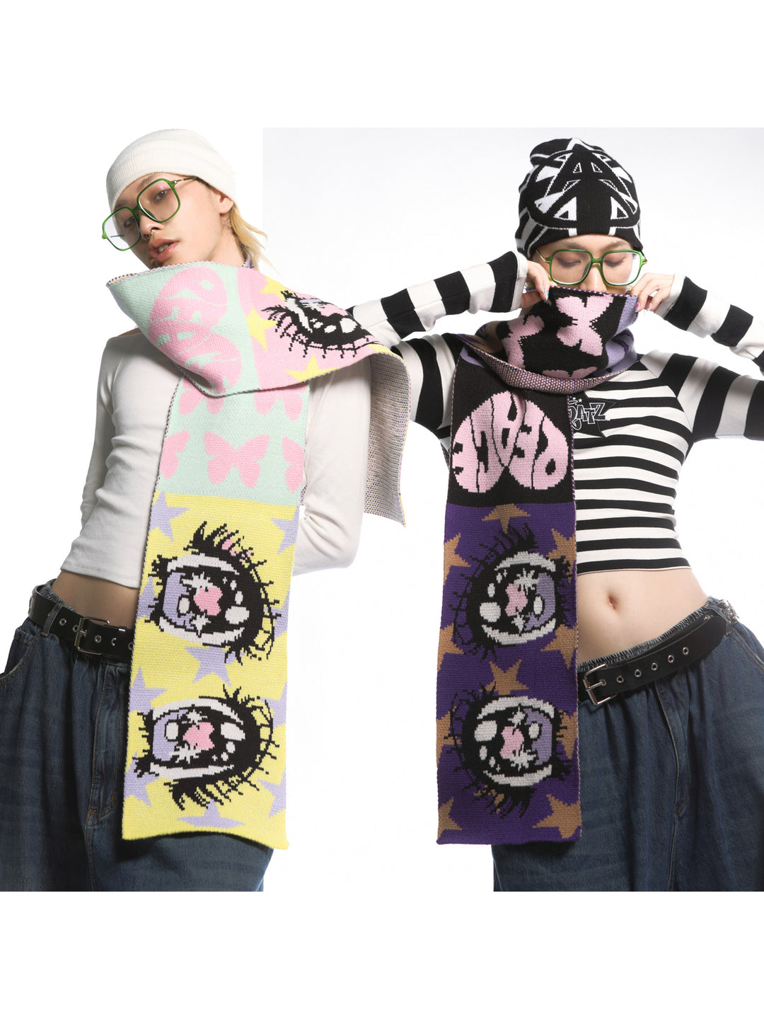 DEADENDKIDS ANIME EYES knit scarf & reversible hat — full-length modeled view