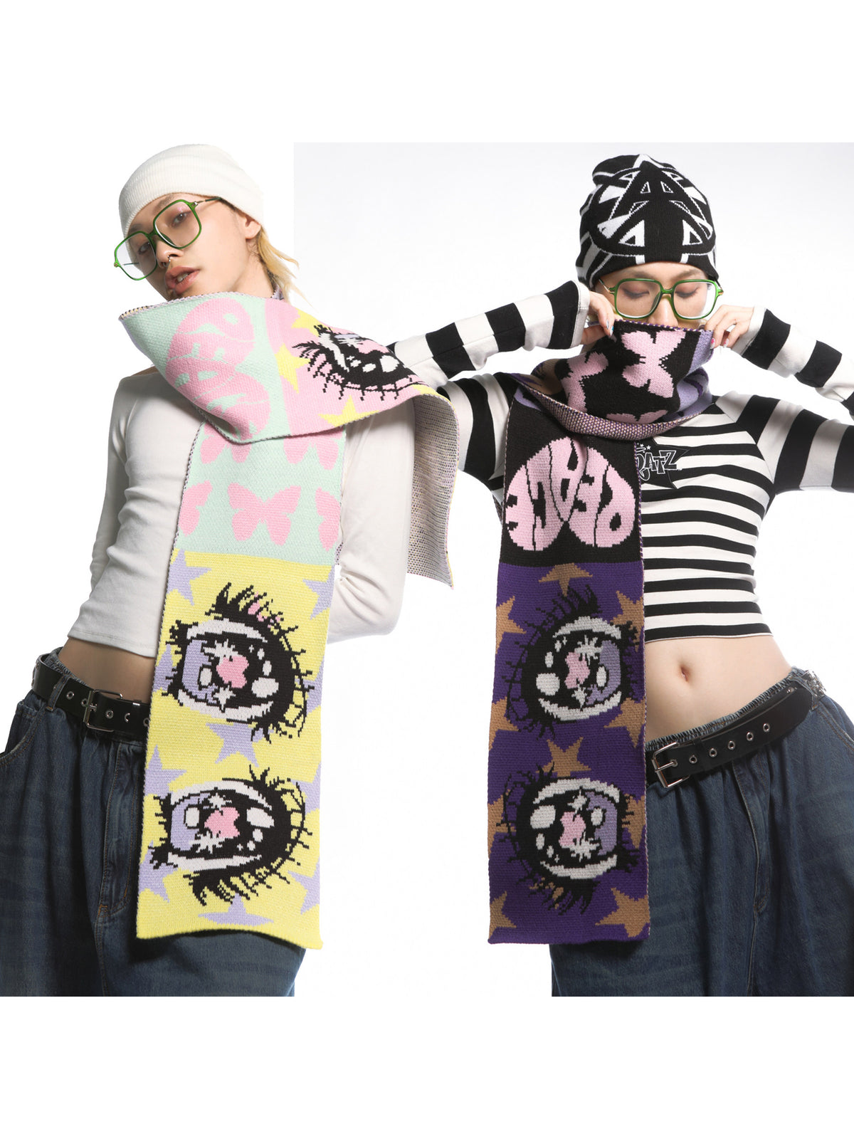 DEADENDKIDS ANIME EYES knit scarf & reversible hat — full-length modeled view