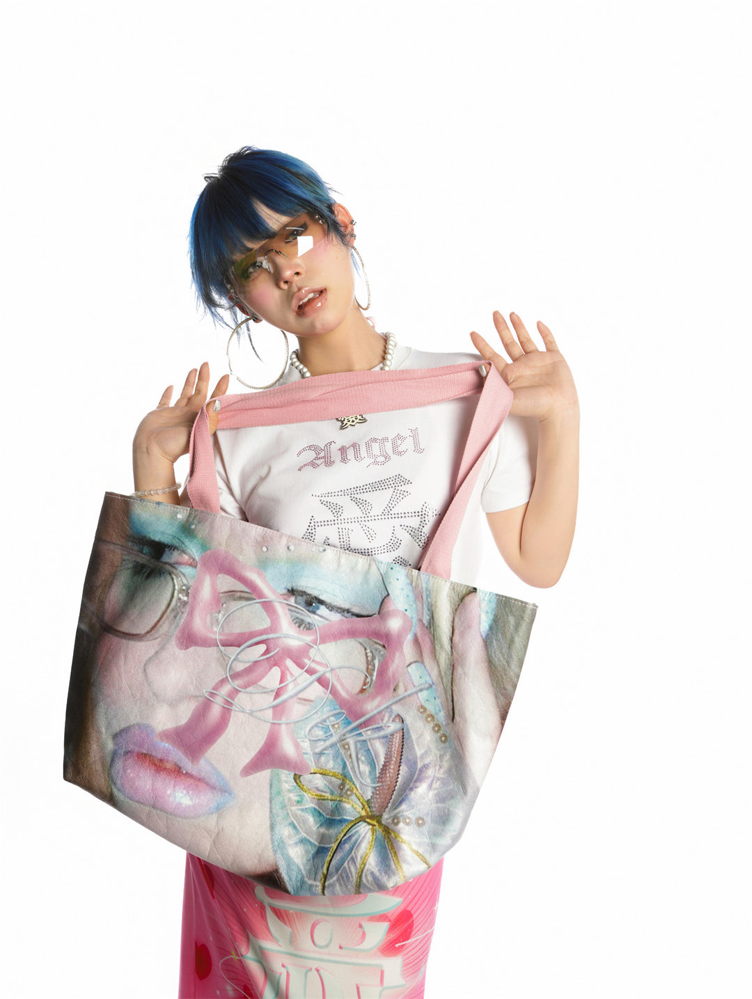 DEADENDKIDS GLITCH PRINCESS Tyvek tote bag — full-length modeled view