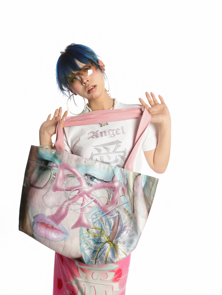 DEADENDKIDS GLITCH PRINCESS Tyvek tote bag — full-length modeled view