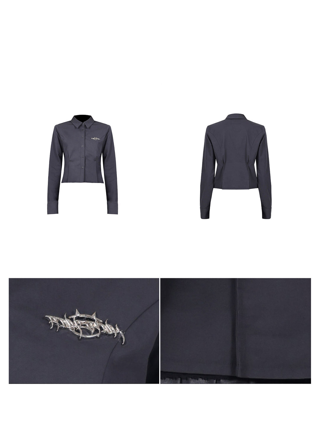 PINKSPINK ELECTRIC MOON sculpted cropped cotton shirt in gray — front and back garment views with logo badge and seam details