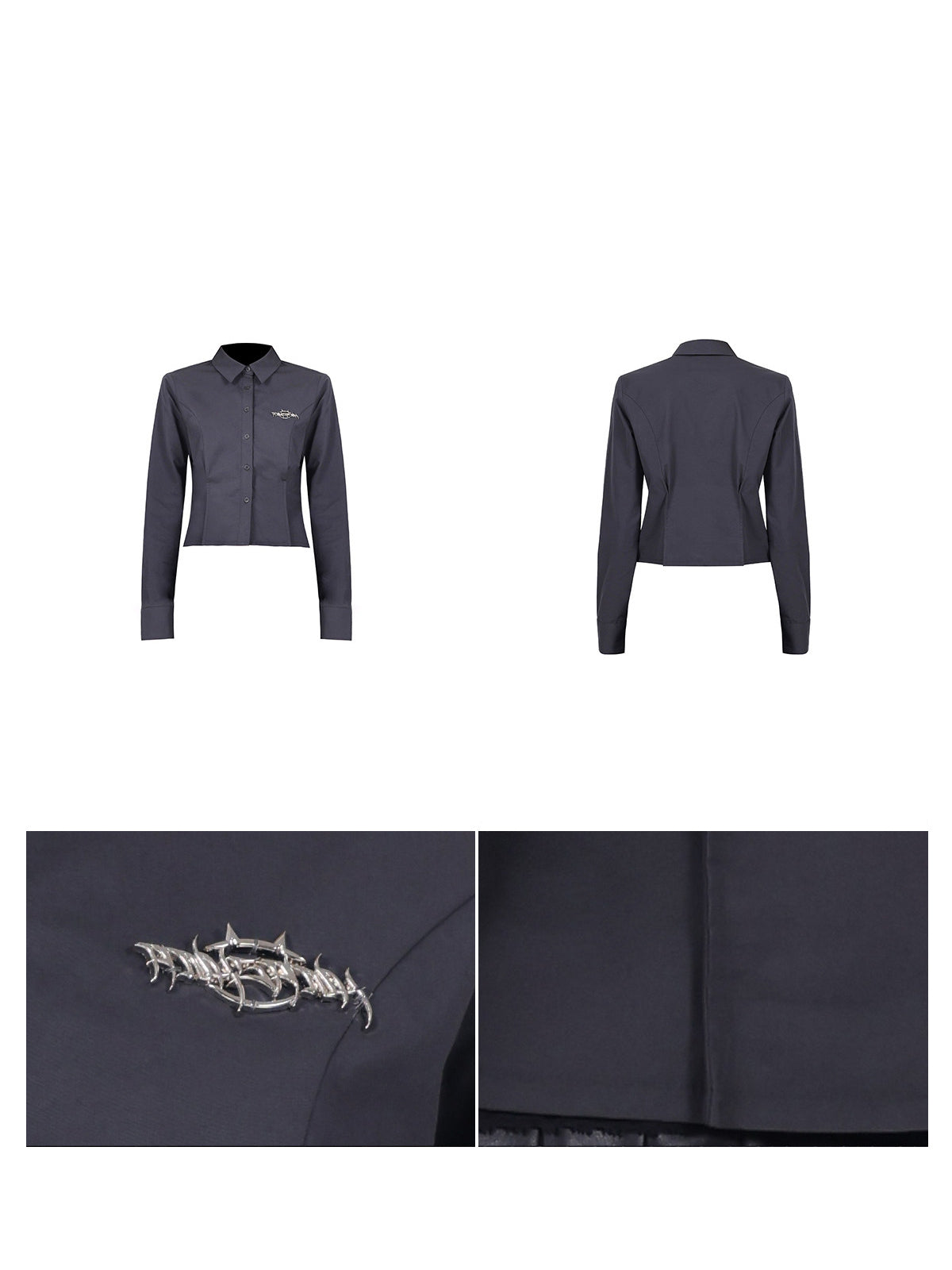 PINKSPINK ELECTRIC MOON sculpted cropped cotton shirt in gray — front and back garment views with logo badge and seam details