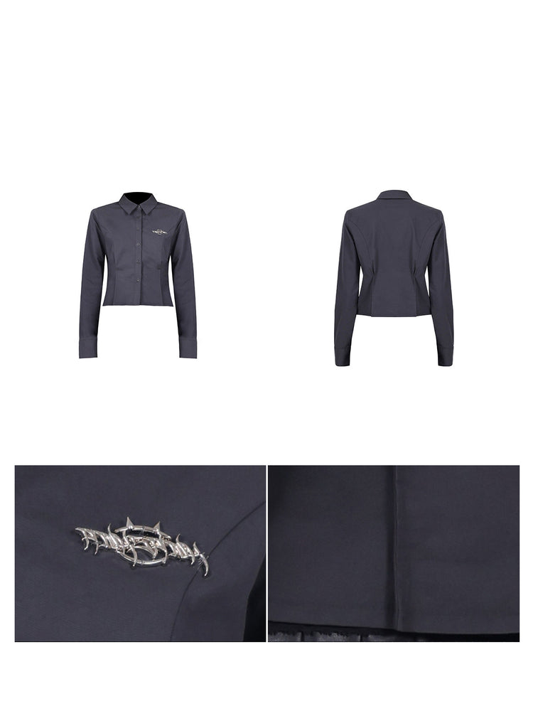 PINKSPINK ELECTRIC MOON sculpted cropped cotton shirt in gray — front and back garment views with logo badge and seam details