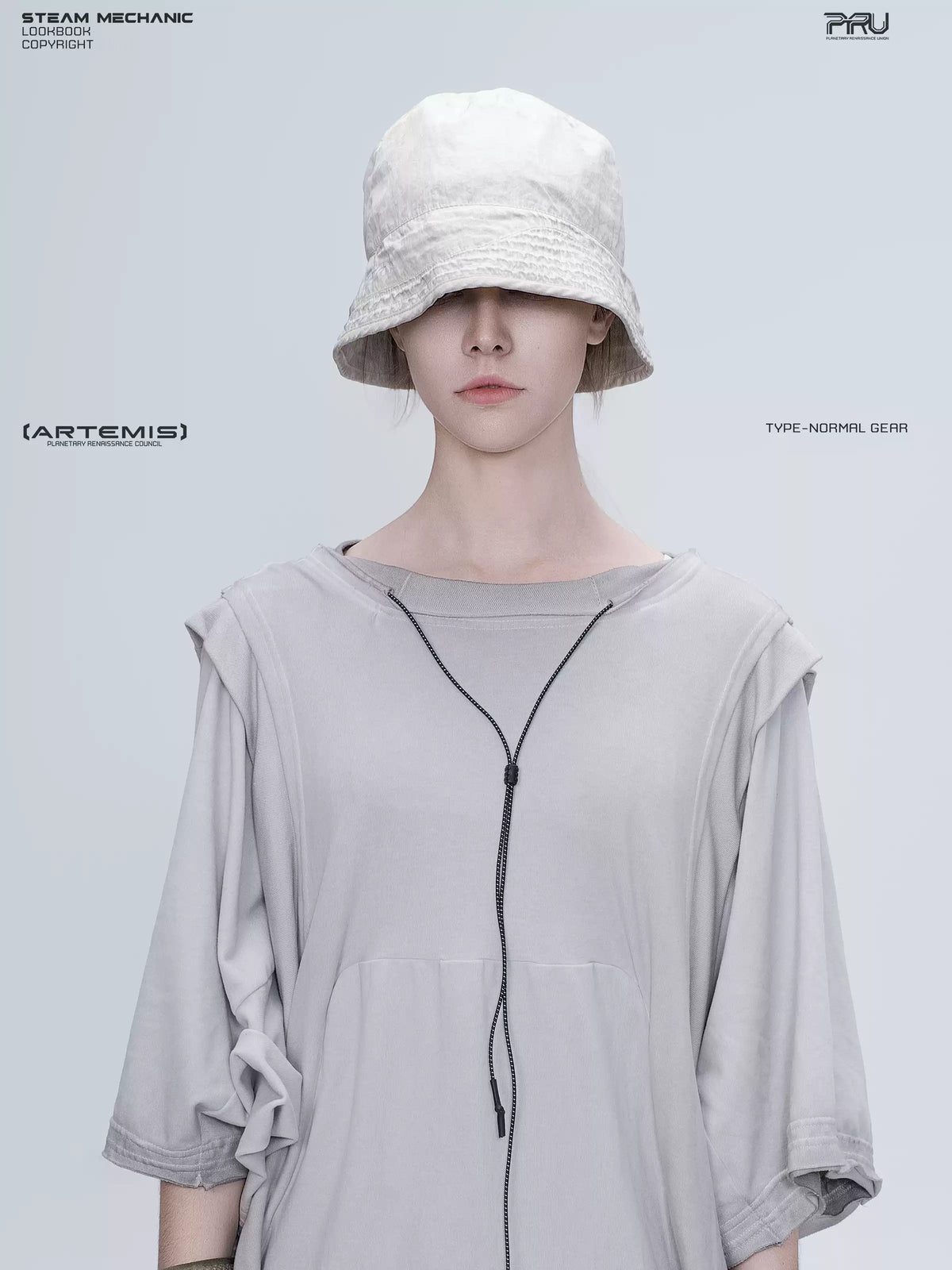 PIONEER eris white distressed nylon bucket hat — front close-up showing the washed crown and stitched brim