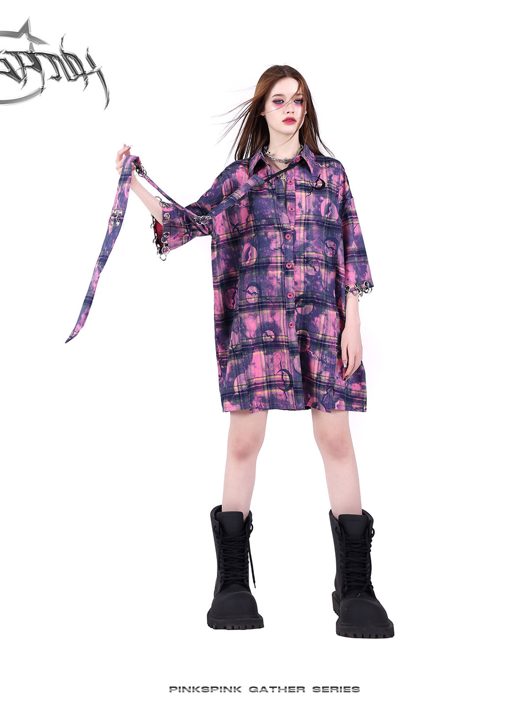 PINKSPINK ELECTRIC MOON wasteland plaid extra-long tie — modeled detail view of the garment construction
