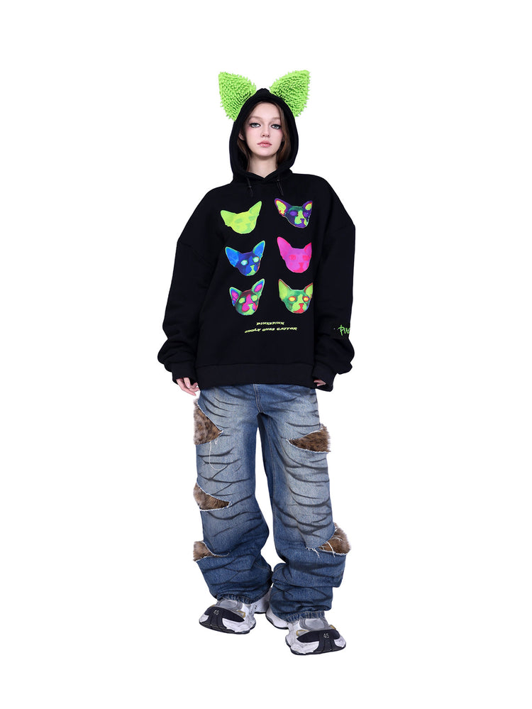 PINKSPINK SPHYNX electronic-print cat-ear hoodie — close-up view of the material and finishing