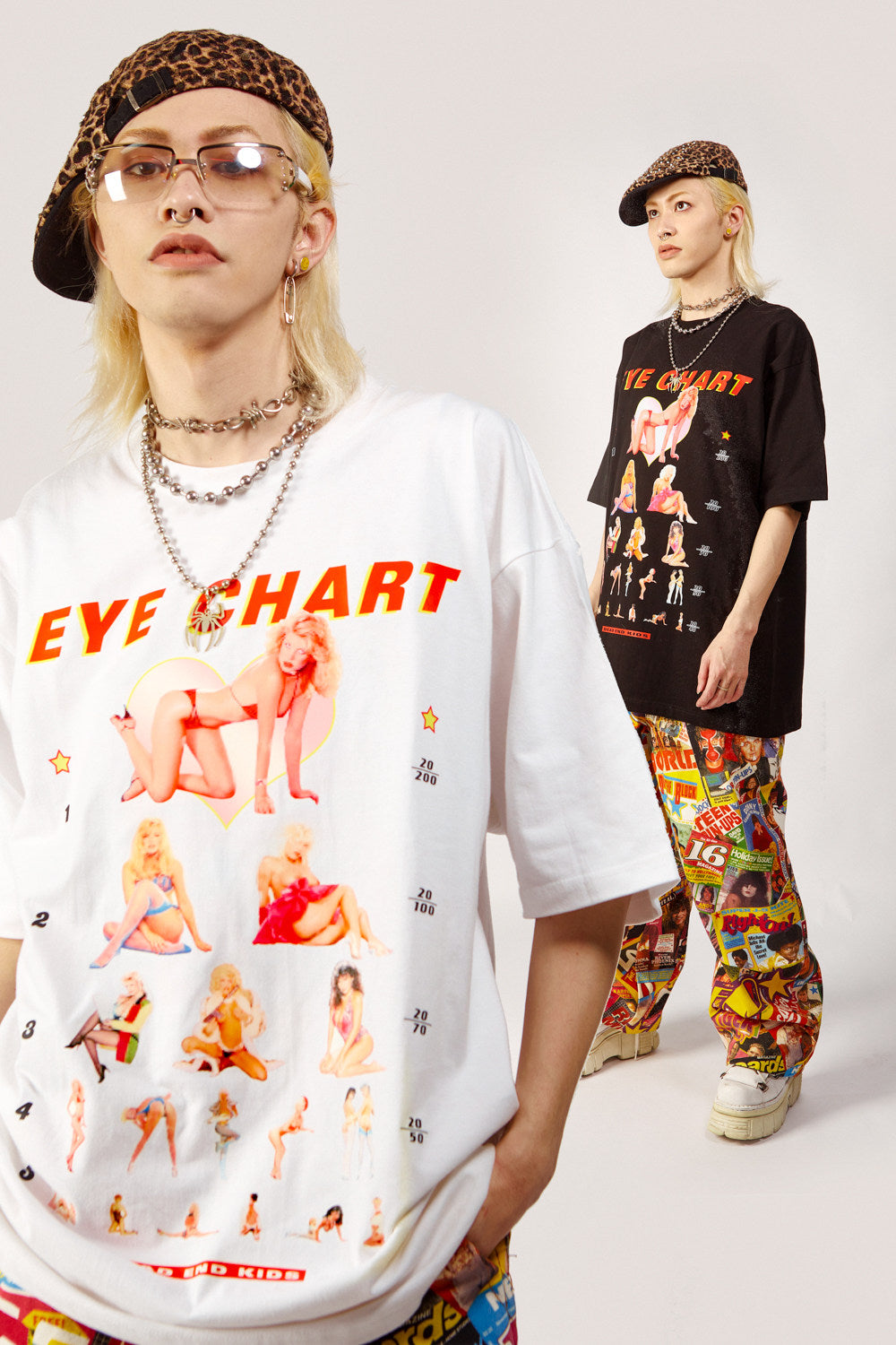 DEADENDKIDS EYE CHART oversized graphic tee — rear modeled view