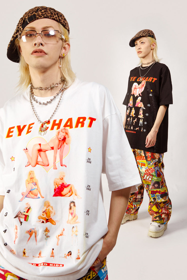 DEADENDKIDS EYE CHART oversized graphic tee — rear modeled view