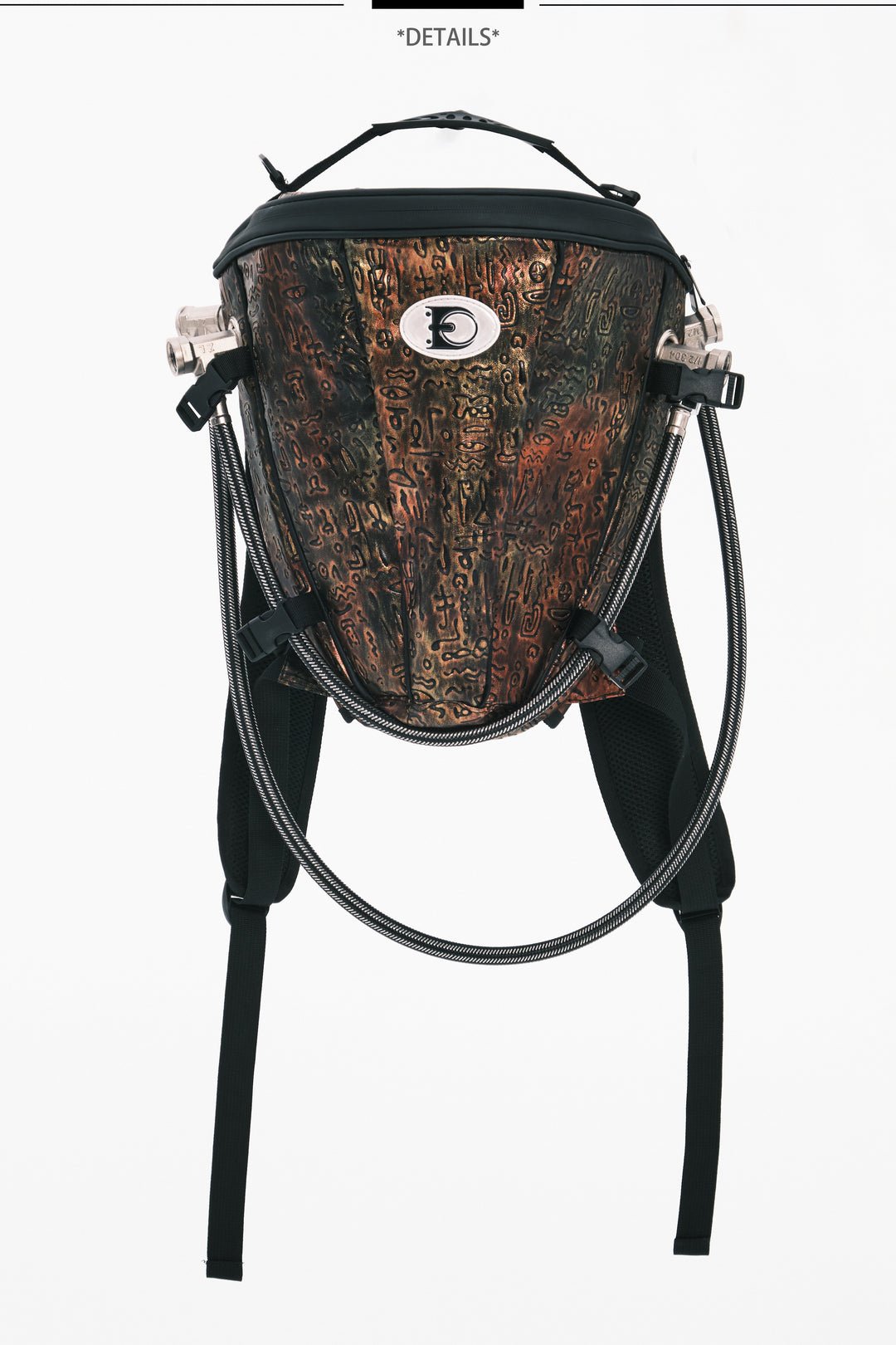 EMBRYO ORACLE embossed backpack — full-length modeled view