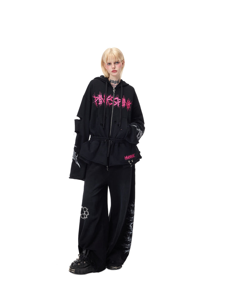 PINKSPINK MOHAWK RITUAL studded zip-up hoodie — front full-length styling with hands in pockets