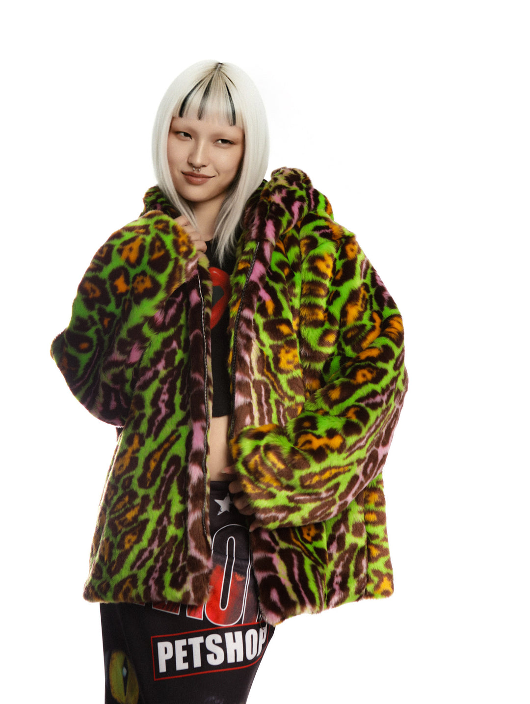 DeadEndKids leopard-print faux-fur hooded jacket in yellow green — modeled view showing the zipper and collar