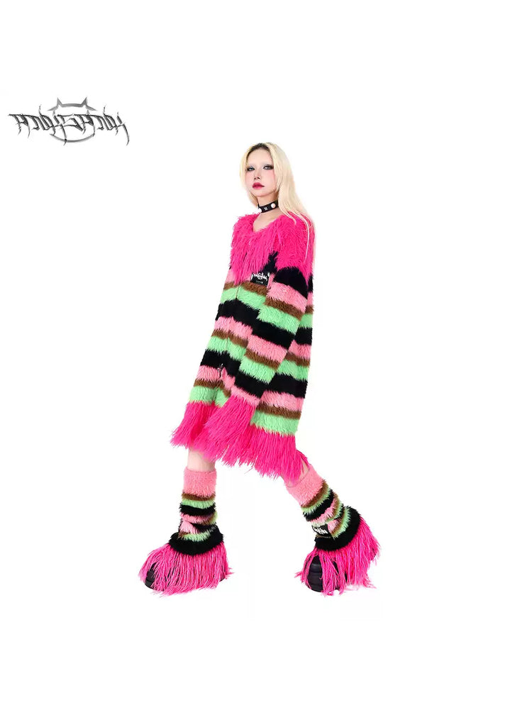 PINKSPINK FUTURE COLOR striped knit leg warmers — close modeled view highlighting the construction