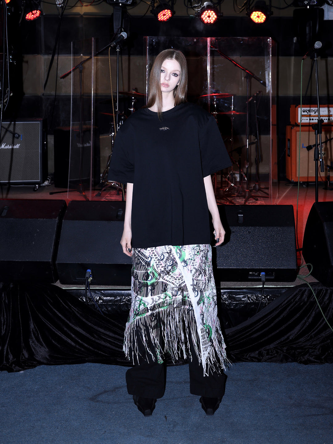 PINKSPINK SHRED SIGNAL printed fringe layering apron — white multicolor — full-length front view with long fringe