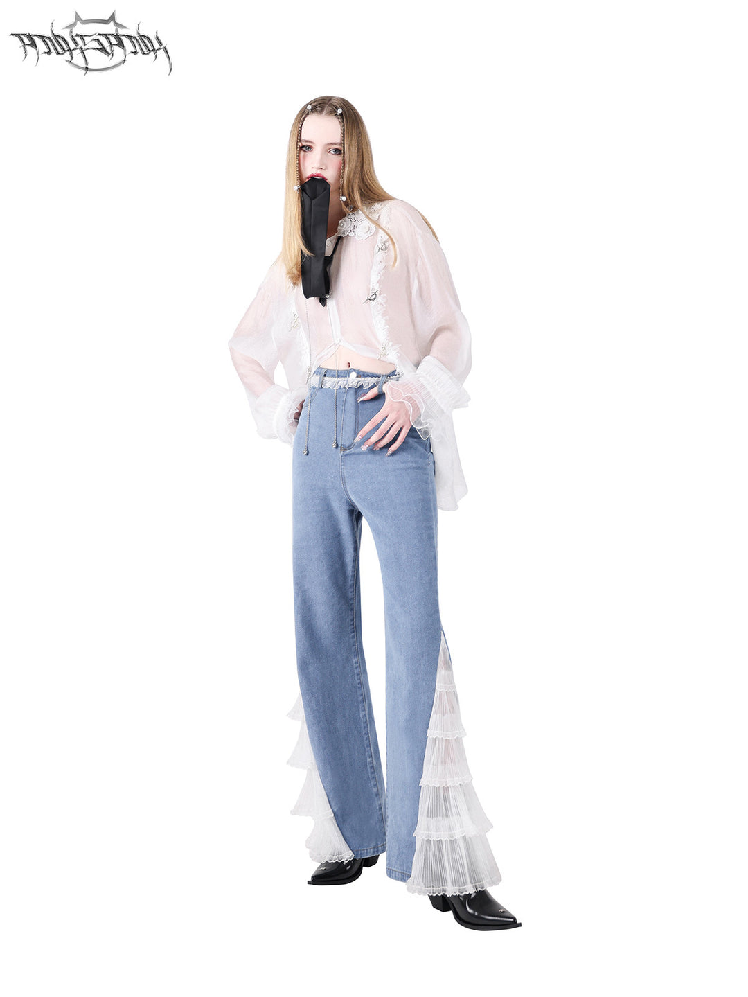 PINKSPINK FAIRY lace-trim sheer blouse — dynamic three-quarter modeled view styled with jeans
