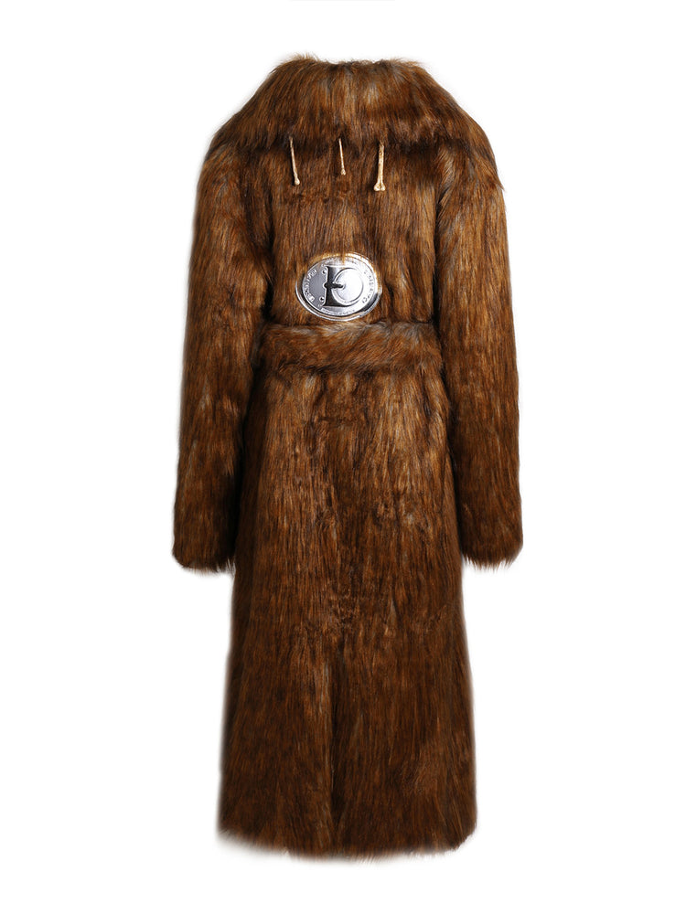 EMBRYO PRIMAL BONE extra-long faux-fur coat — rear modeled view