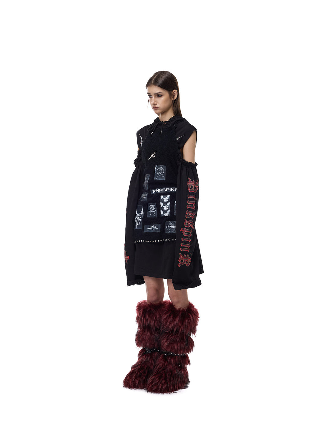 PINKSPINK ELECTRIC MOON patchwork knit layering apron — black side full-length styling over dress