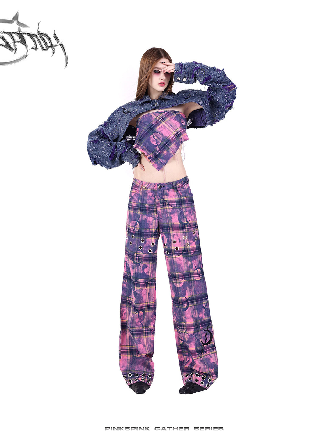 PINKSPINK BROKEN VIOLET distressed denim cropped jacket — alternate modeled styling view
