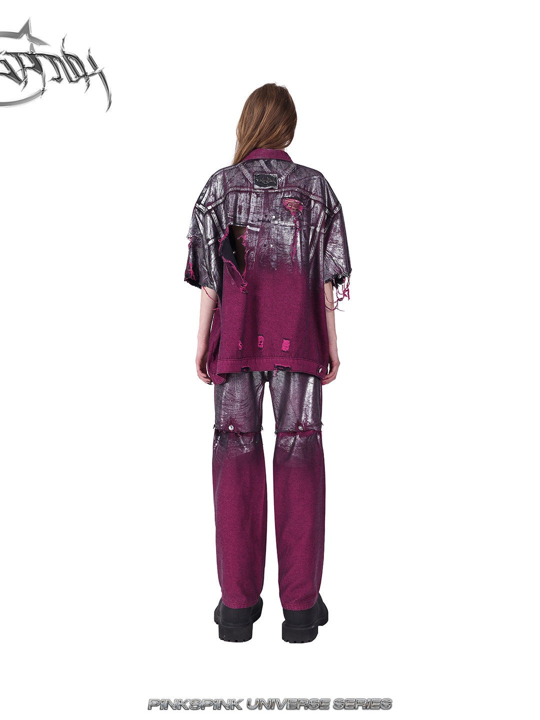 PINKSPINK silver-coated distressed denim jacket in WASTELAND PINK — rear view with matching trousers.