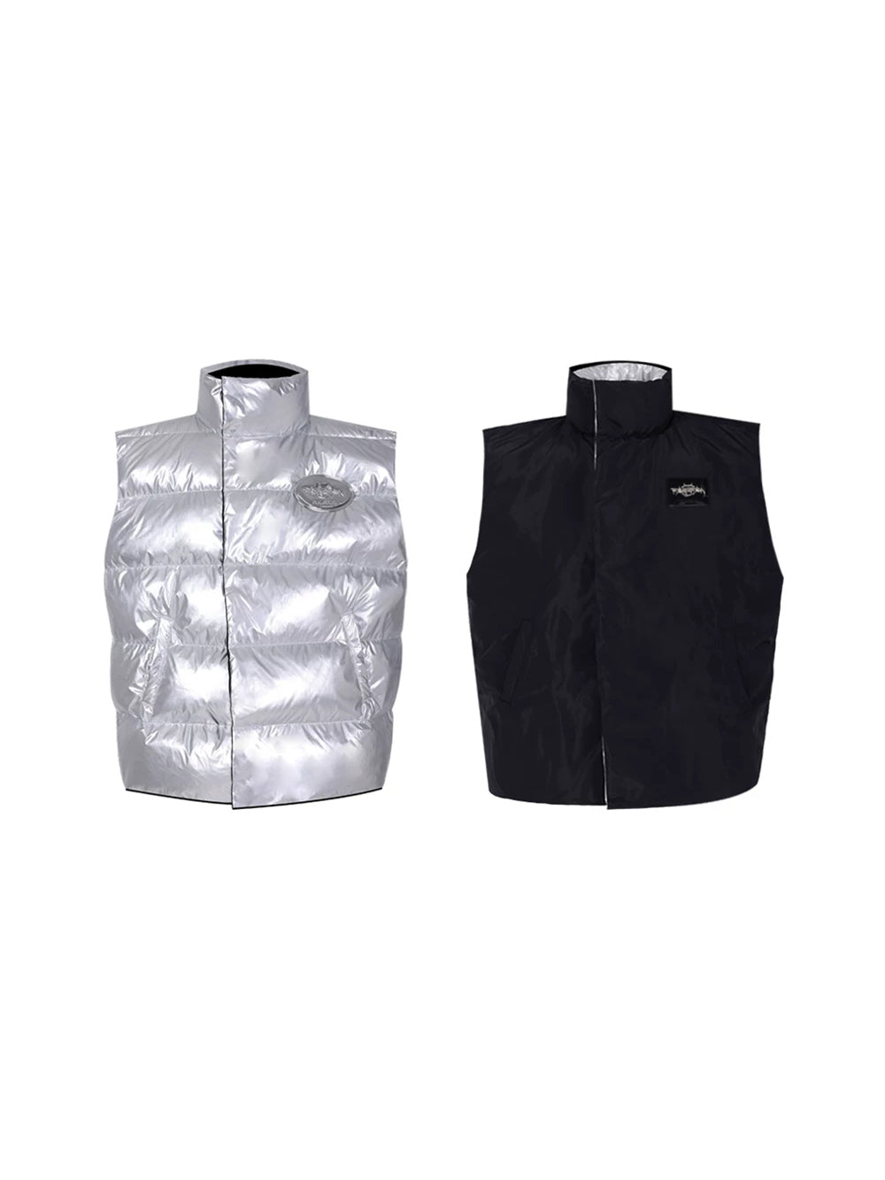 PINKSPINK ORBIT reversible padded vest in black silver — front garment-only comparison of the black and silver sides