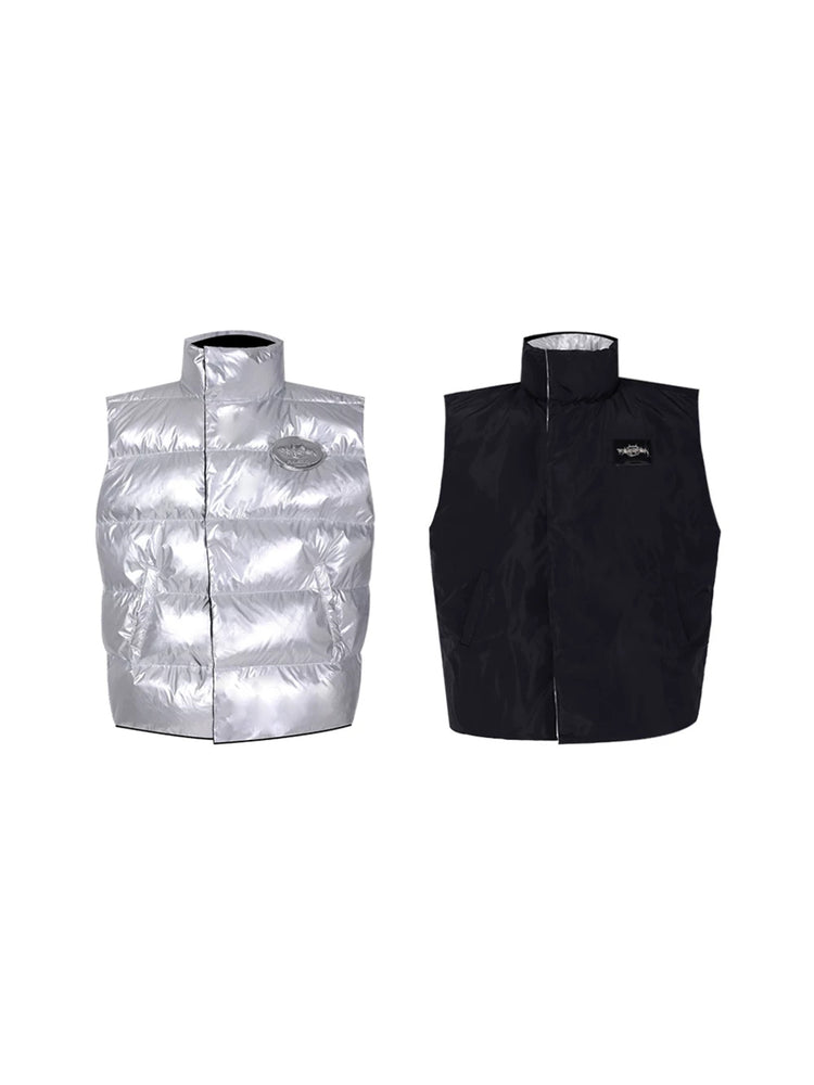 PINKSPINK ORBIT reversible padded vest in black silver — front garment-only comparison of the black and silver sides