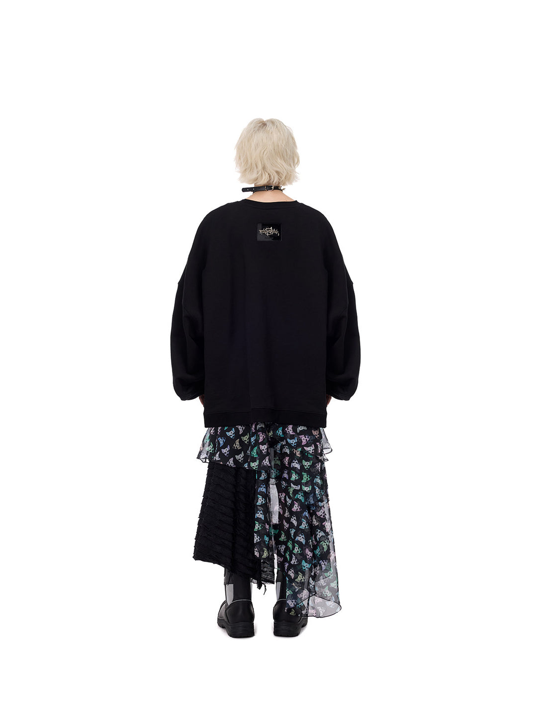 PINKSPINK CAT ALIEN asymmetric mesh maxi skirt — back full-length styling with black sweatshirt