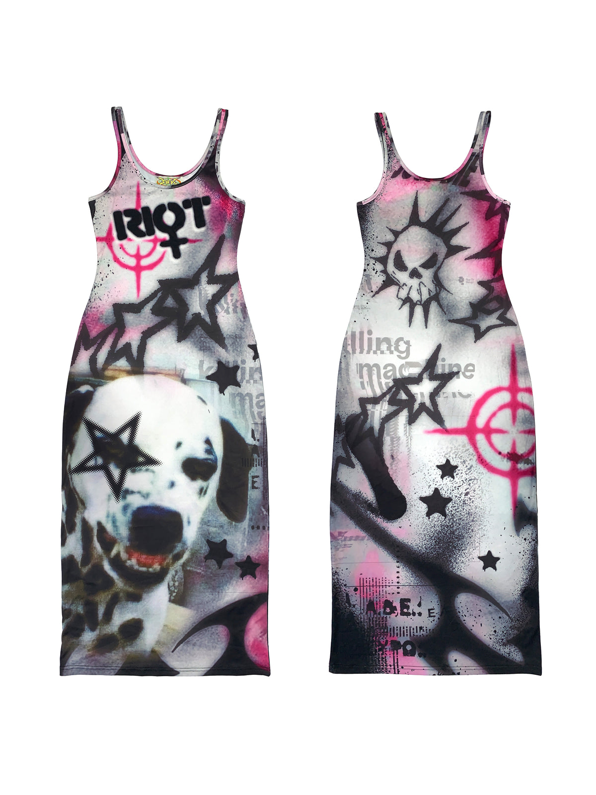 DEADENDKIDS RIOT GRAFFITI fitted maxi dress — full-length modeled view