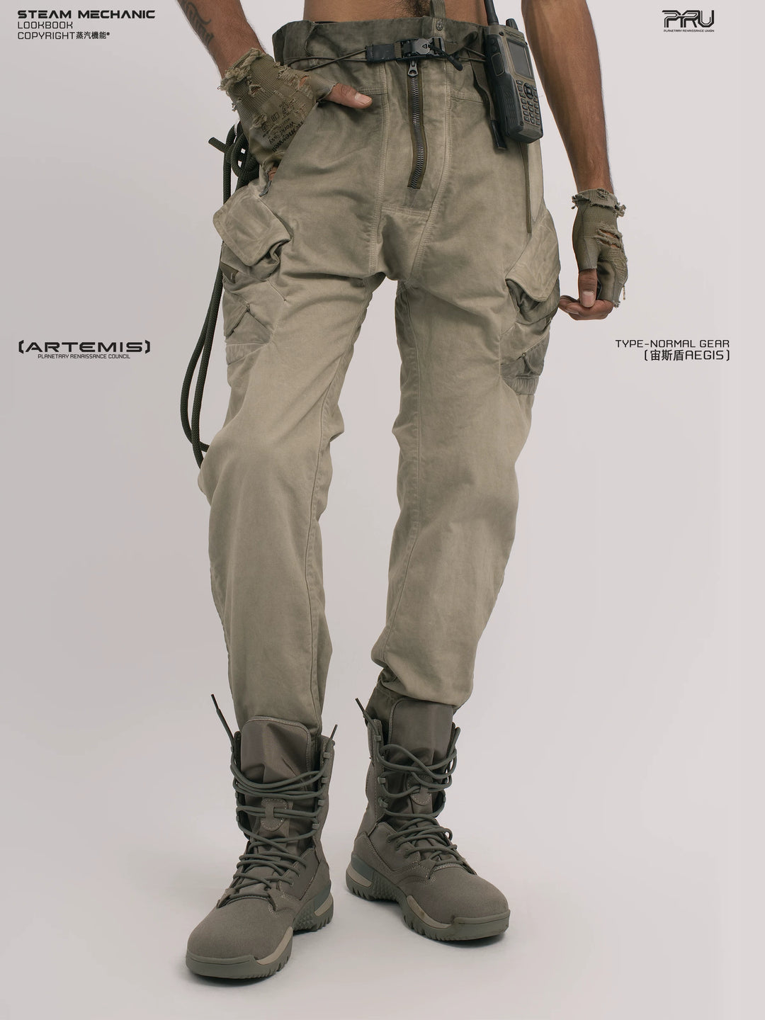 AEGIS lunar soil teal multi-pocket moto pants — alternate modeled angle