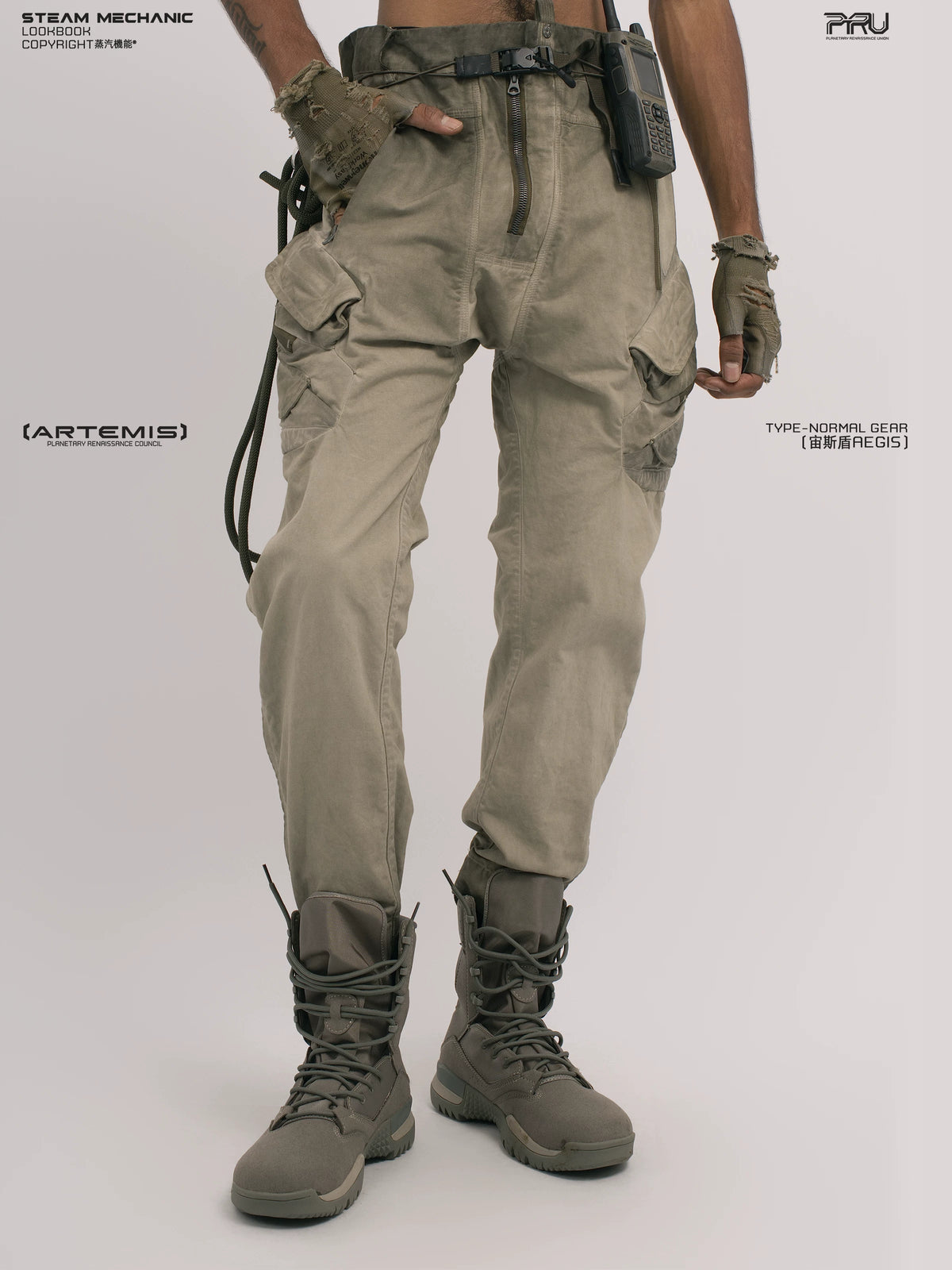 AEGIS lunar soil teal multi-pocket moto pants — alternate modeled angle