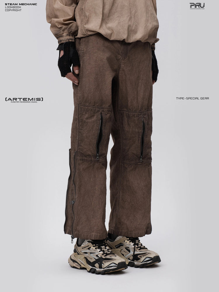 PIONEER ochre brown knee-mesh utility work pants — side modeled view